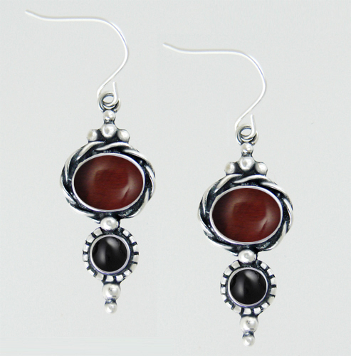 Sterling Silver Drop Dangle Earrings With Red Tiger Eye And Black Onyx